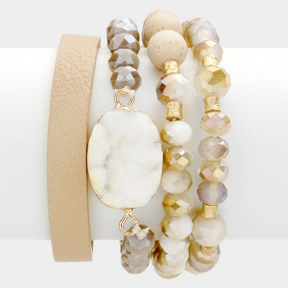 iFashionBox Jewelry - 4 Piece Ivory Multi Beaded Druzy Stretch Bracelet